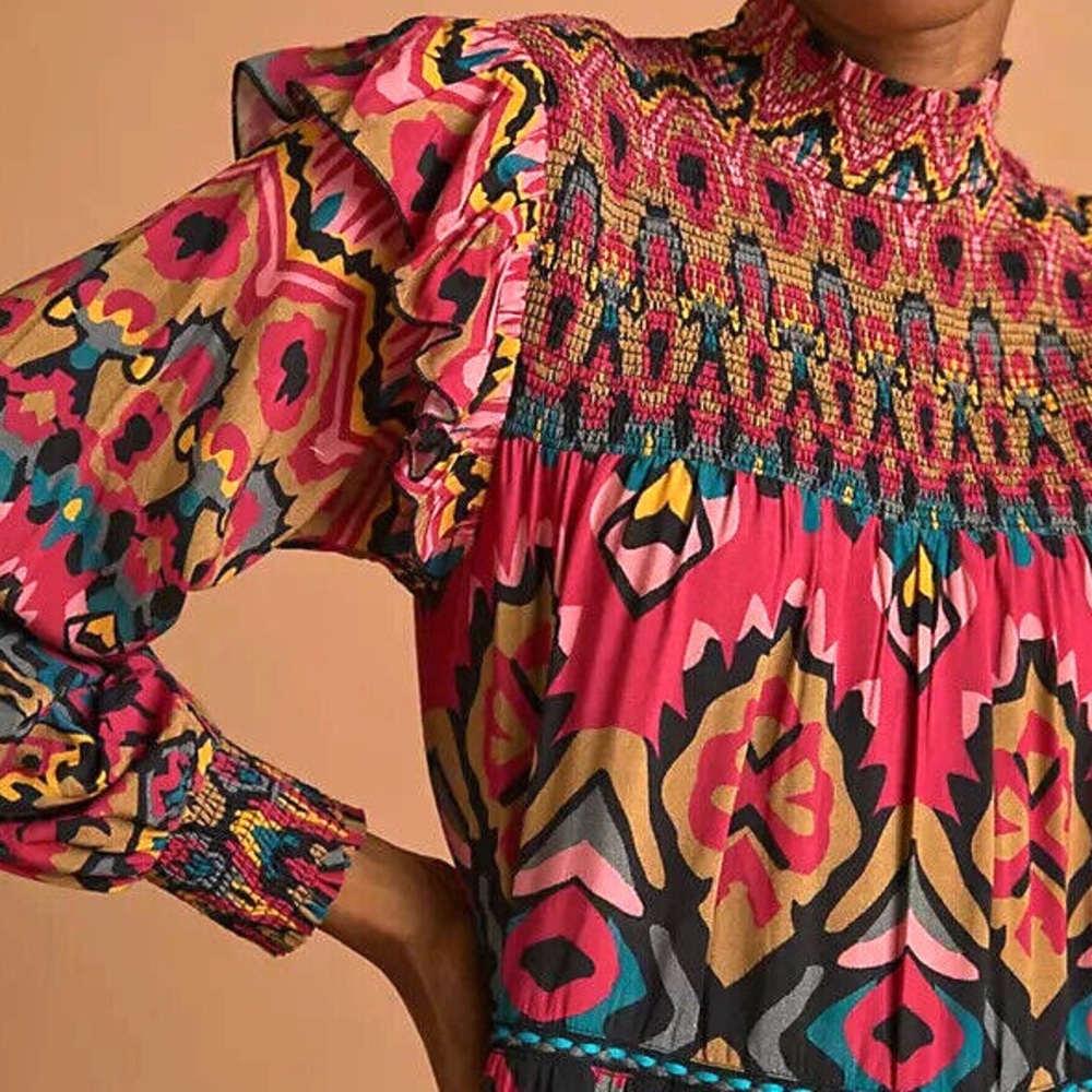 Anthropologie Bl-no London Tiered Maxi Dress Boho High Neck Smocked Pink XL